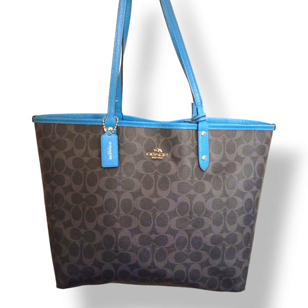 Coach  Signature Reversible PVC City Tote Handbag Blue Grey Large With Pouch